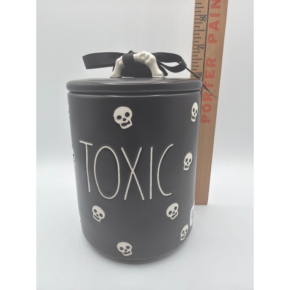Rae Dunn TOXIC Halloween Canister Black White Skulls Bone Lid